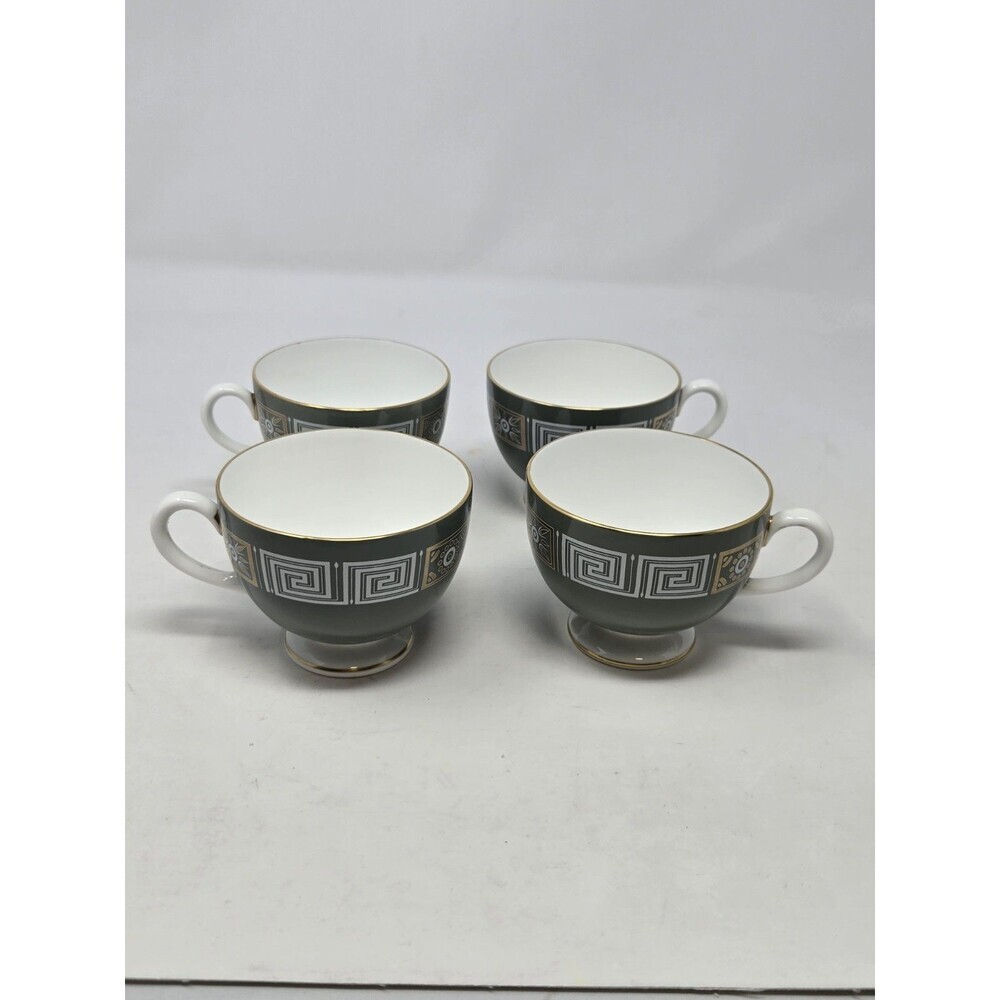 VINTAGE WEDGWOOD BONE CHINA SAGE GREEN GREEK KEY TEA CUP SET OF 4 ASIA GOLD TRIM